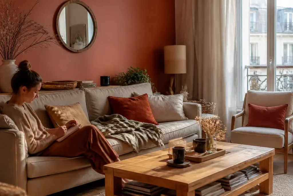 Femme lisant sur un canapé dans un salon couleur terracotta lumineux et accueillant