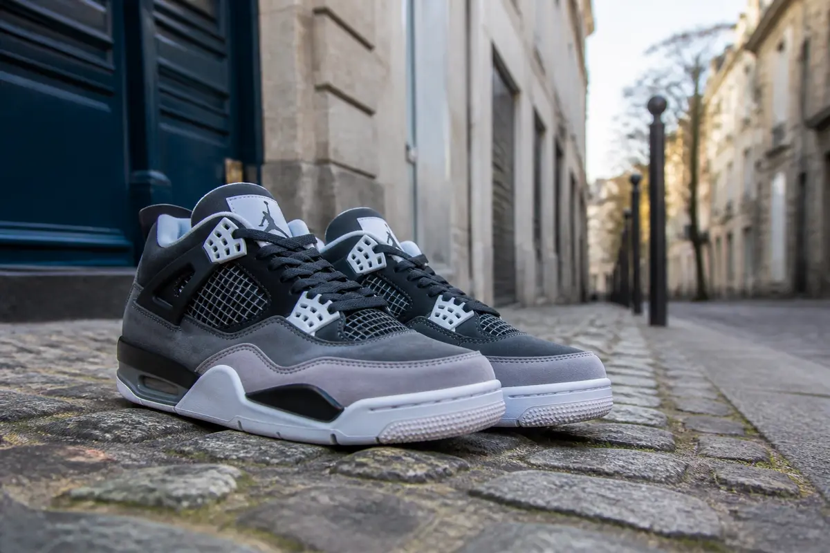Paire de baskets grises posées sur une rue pavée, symbole du sneakers style urbain
